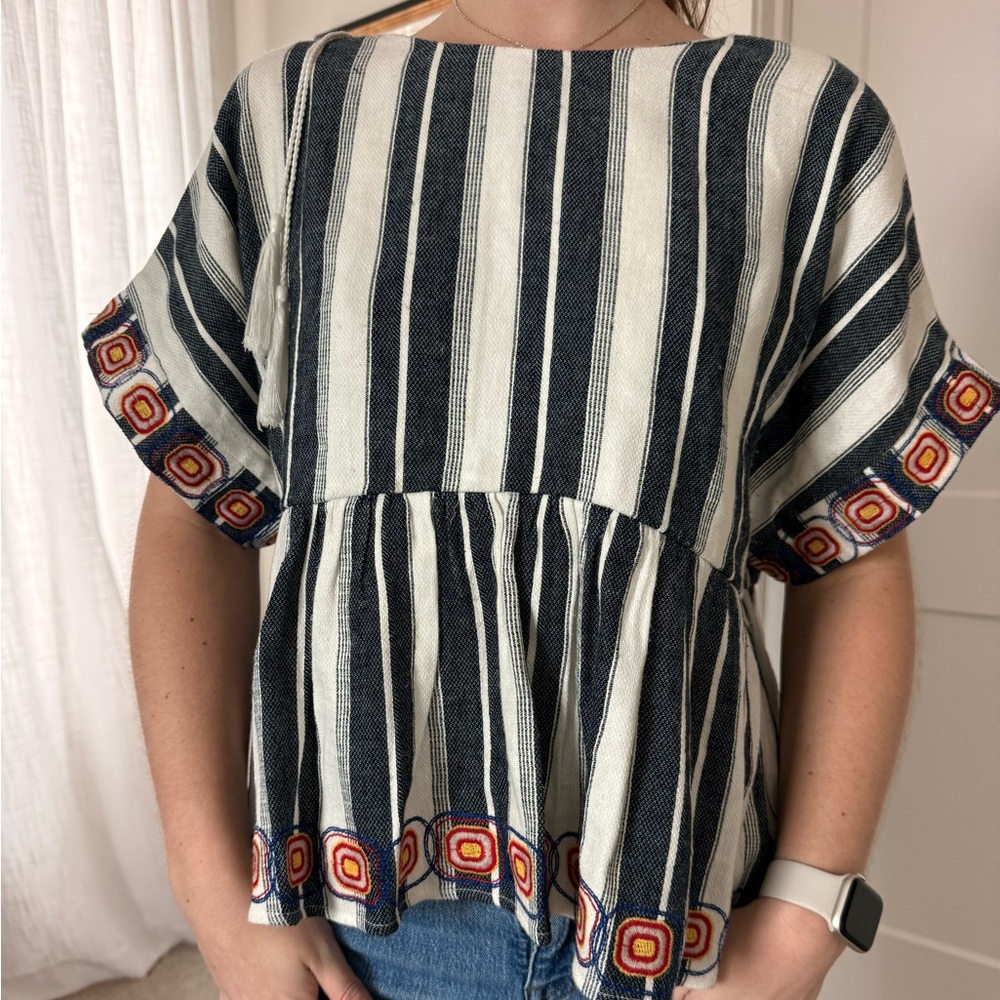 Maeve Navy and White Striped Blouse with Orange Accents